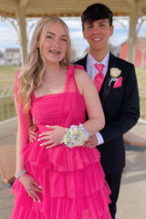 A-Line Straps Layered Tulle Sleeveless Formal Prom Dress with Slit