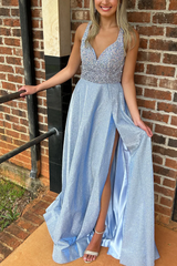 Glitter Straps V-Neck Sequins A-Line Formal Prom Dress with Slit