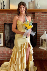 Strapless V-Neck Pleated Satin Layered Long Prom Dress with Slit