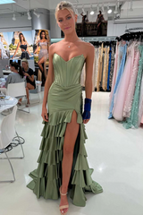 Strapless V-Neck Pleated Satin Layered Long Prom Dress with Slit