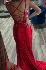 Red Mermaid Rhinestone V-Neck Side Slit Long Prom Party Dress