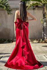 Spaghetti Straps V-Neck Satin Mermaid Formal Prom Dress with Big Bow