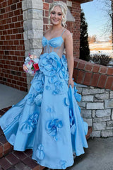A-Line Spaghetti Straps 3D Flower V-Neck Empire-Waist Prom Dress