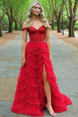 Stunning Off-Shoulder Sweetheart A-Line Layered Prom Dress with Slit