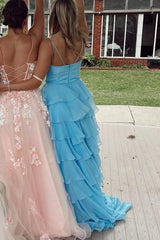Spaghetti Straps V-Neck Layered Chiffon Sleeveless Long Prom Dress