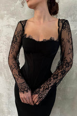 Black Long Sleeves Sheath Pleated Long Formal Prom Dress