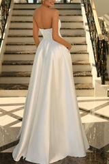 Satin A-Line Scoop Empire-Waist Pleated Satin High Slit Formal Prom Dress