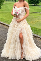 Off-Shoulder Sweetheart Appliques Ruffles Tulle Layered Prom Dress with Slit