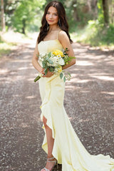 Simple Yellow Spaghetti Straps Mermaid Satin Formal Prom Dress