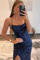 Navy Blue Sequined Spaghetti Straps Scoop Prom Dress with Side Slit