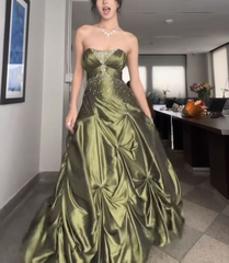 Vintage Beading Strapless A-Line Green Evening Ball Gown Birthday Gown HZ0319