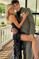 Black Strapless Sleeveless Ruffles High Slit Formal Prom Party Dress