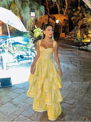 Pastel Yellow Ruffle Tiered A-Line Long Party Prom Dress HZ0319