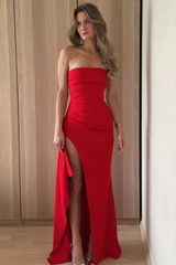 Simple Strapless Pleats Satin High Slit Sleeveless Long Prom Dress