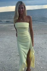 Simple Strapless Pleats Satin High Slit Sleeveless Long Prom Dress