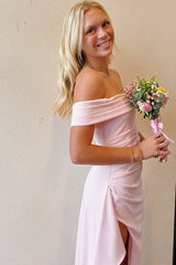 Pink Off-Shoulder Satin Pleats High Slit Long Party Prom Dress