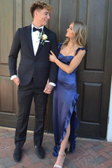 Sweetheart Double Straps Ruffles Side Slit Long Satin Prom Dress