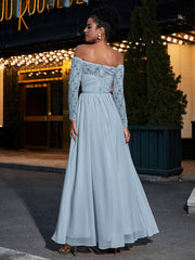 Lace and Chiffon Long Sleeves Dresses with Pockets-Dusty Blue