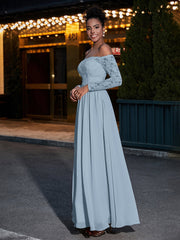 Lace and Chiffon Long Sleeves Dresses with Pockets-Dusty Blue