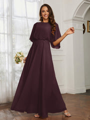 Flutter Sleeves Long Chiffon Bridesmaid Dresses-Cabernet