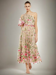 One Shoulder Short Sleeves Printed Floral Prom Dress