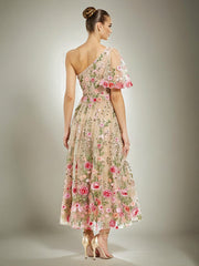 One Shoulder Short Sleeves Printed Floral Prom Dress