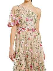 One Shoulder Short Sleeves Printed Floral Prom Dress