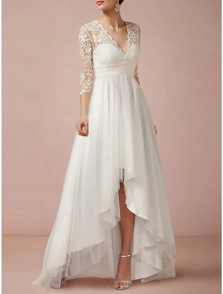 Wholesale A-Line/Princess V-Neck Asymmetrical Lace Wedding Dress