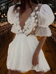Wholesale A-Line/Princess V-Neck Mini Lace Wedding Dress