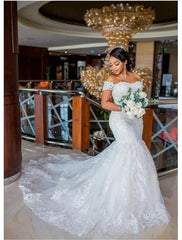 Wholesale Trumpet/Mermaid Off-The-Shoulder Floor-Length Lace Wedding Dress