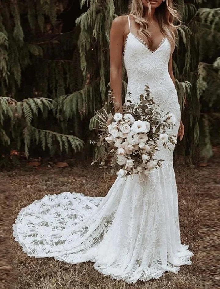 Wholesale Trumpet/Mermaid Spaghetti Straps Floor-Length Lace Wedding Dress