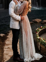 Wholesale A-Line/Princess V-Neck Floor-Length Sequins Wedding Dress