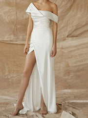 Wholesale Sheath/Column One-Shoulder Silk Satin Wedding Dress With Split