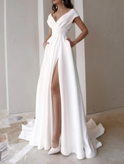 Wholesale A Line/Princess V-Neck Cap Sleeve Wedding Dresses Sweep / Brush Train With Split Front