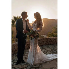 Wholesale Mermaid / Trumpet V-Neck Long Sleeves Wedding Dresses Court Train With Appliques