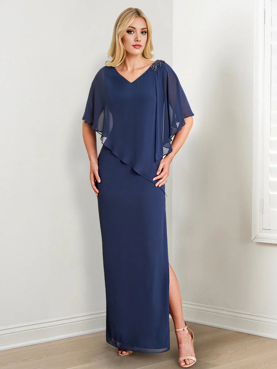 Slim fit/cylindrical V-necktie beading and slit mother of the bride dress