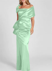 Tight fitting/column off shoulder to ground length, mother of the bride dresses
