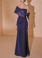 Pleated slim fit/column off shoulder mother of the bride dress