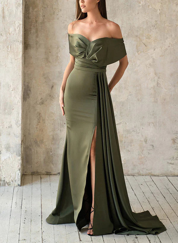 Loudspeaker/fishtail split off shoulder satin mother of the bride dress