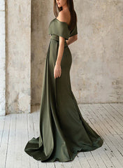 Horn/fishtail shoulder satin pleats mother of the bride dresses