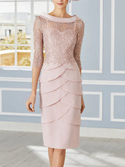 Sheath/cylindrical low round neck 3/4 sleeve knee length lace mother of the bride dresses