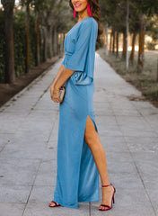 Tight fit/column V-neck half sleeve and ground slit mother of the bride dresses