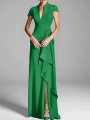 Tight fit/column V-neck to ground length mother of the bride dress