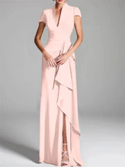 Tight fit/column V-neck to ground length mother of the bride dress