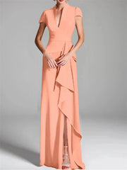 Tight fit/column V-neck to ground length mother of the bride dress