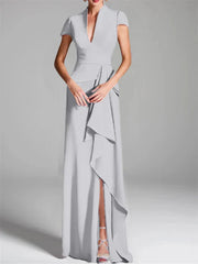 Tight fit/column V-neck to ground length mother of the bride dress