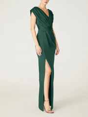 Slim fit/column V-neck sleeveless and ground length ruffled edge mother of the bride dresses