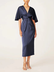 Slim fit/column V-neck half sleeved tea long ruffled edge mother of the bride dresses