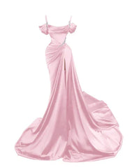 Elegant Mermaid Spaghetti Strap Prom Dress Pleated High Slit Evening Gown Party Dress Long Formal Dress HZ1024