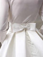Ball Gown Wedding Dresses High Neck  Satin Long Sleeve Glamorous Sparkle & Shine with Bowknot Sash  Ribbon Beading